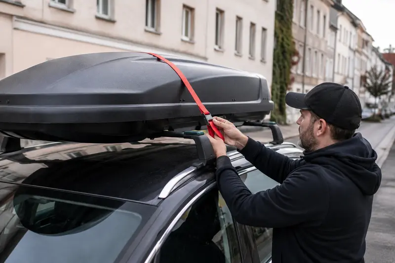 A roof box is secured with a Sandax clamp-lock strap