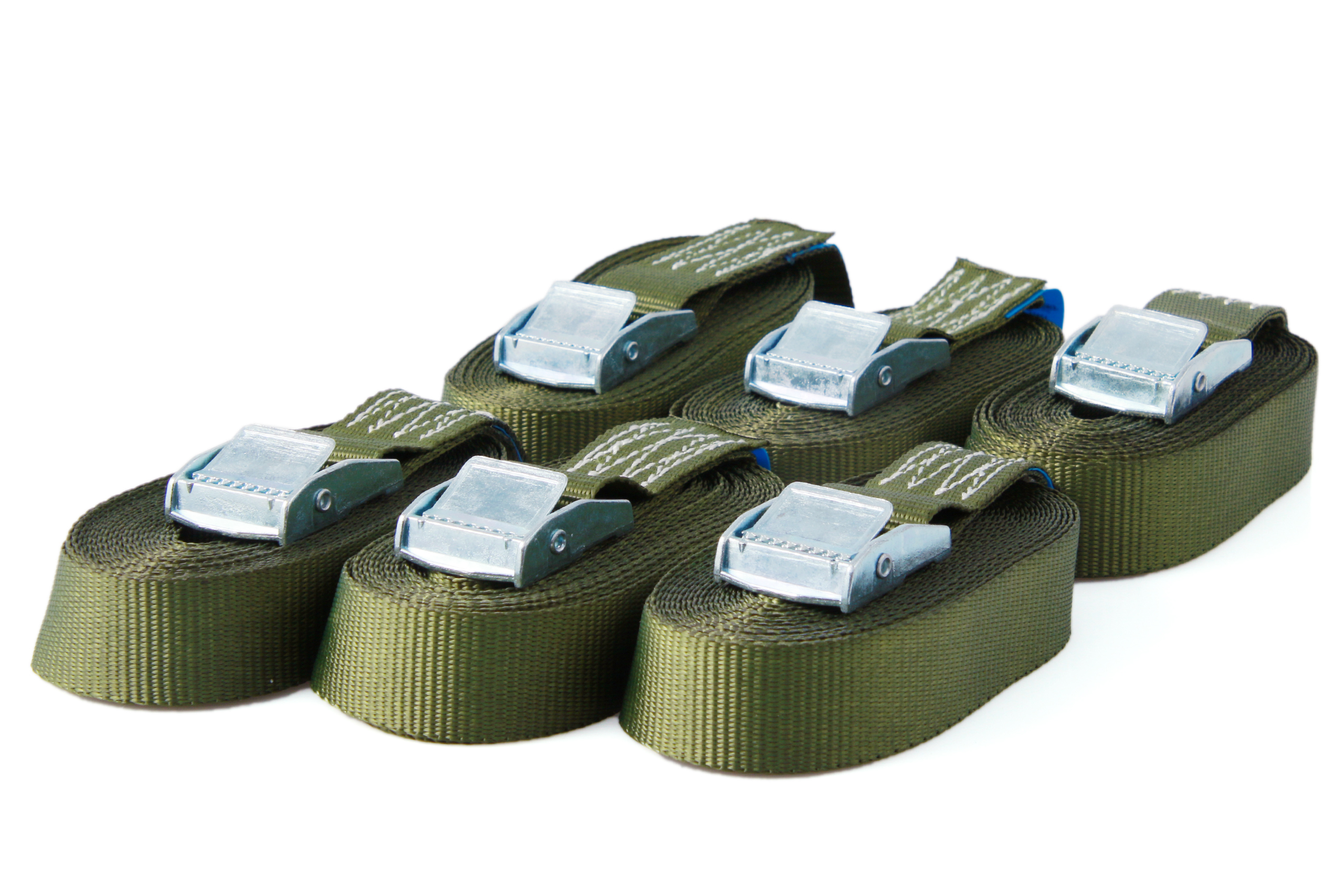 Rückläufer | 6er-Set, Klemmschloss-Zurrgurte, 4 m, 25 mm, LC 250 daN, olivgrün