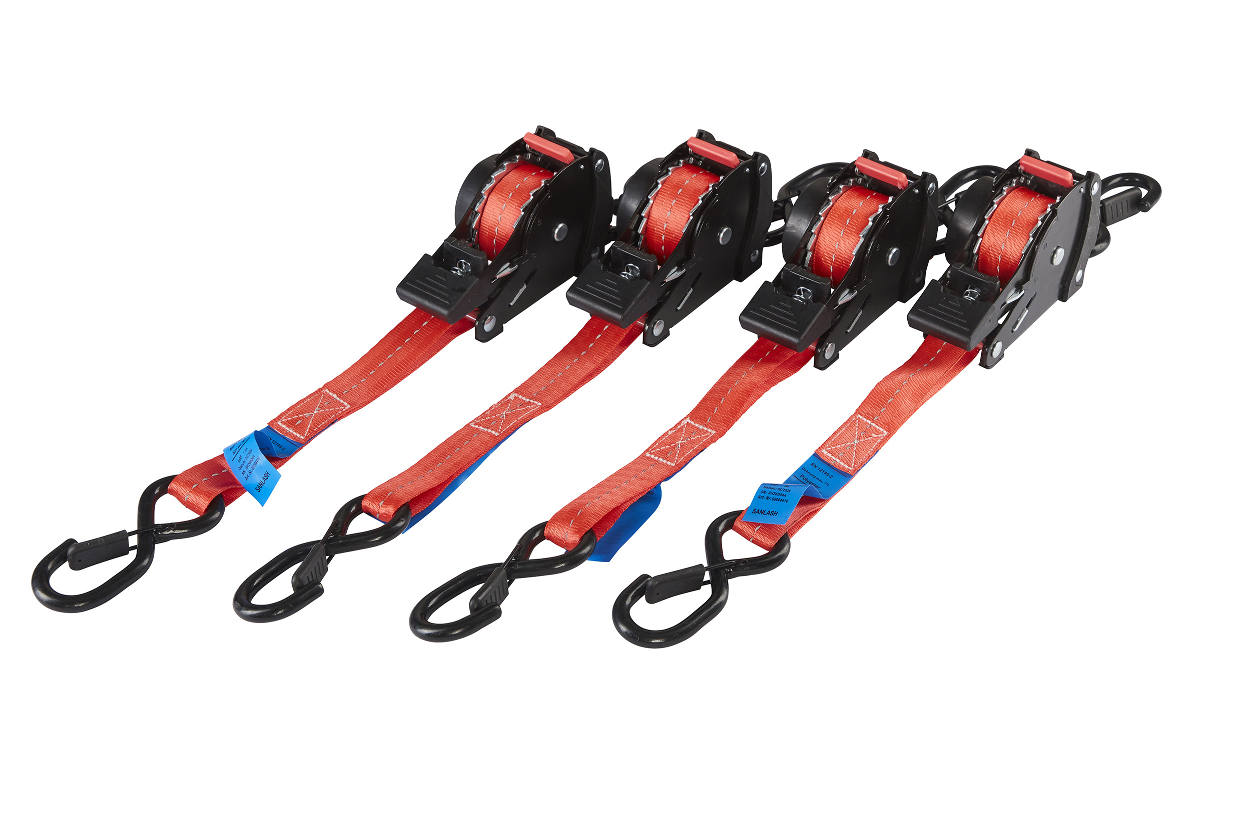 4er Set, 3 m Automatik-Zurrgurt, 25 mm, LC 400 daN, mit S-Haken mit Sicherung