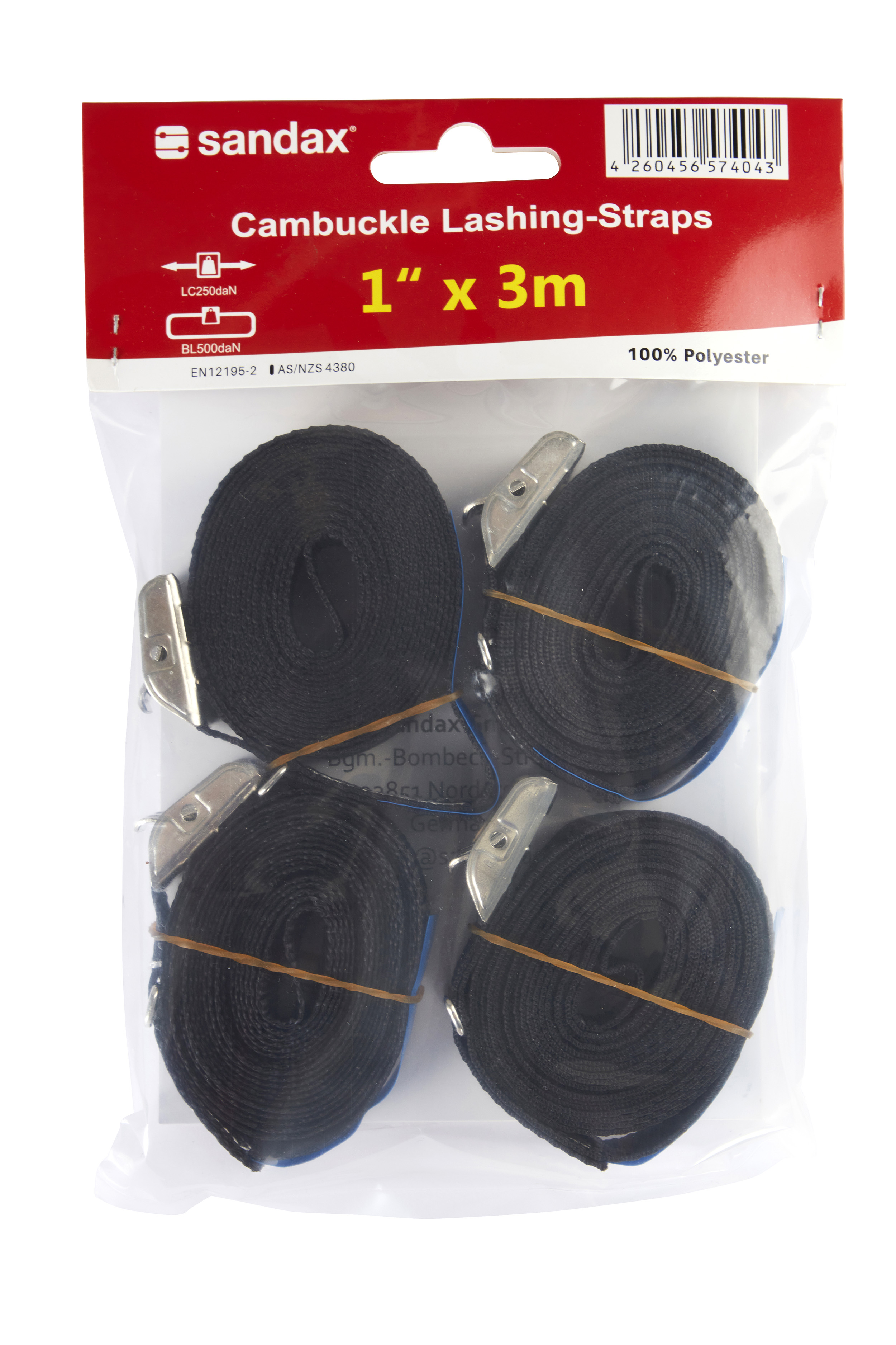4er-Set, Light-Klemmschloss-Zurrgurte, 3 m, 25 mm, LC 250 daN, schwarz