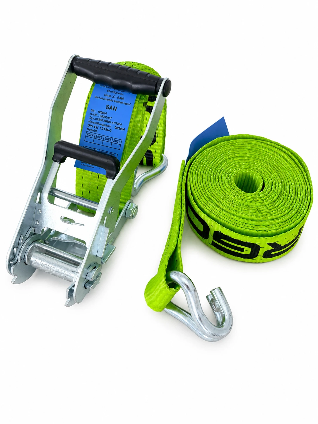 Lashing strap ERGO LASH, 8m, 50mm, LC 2500daN, STF 300daN, two-piece, short lever ratchet