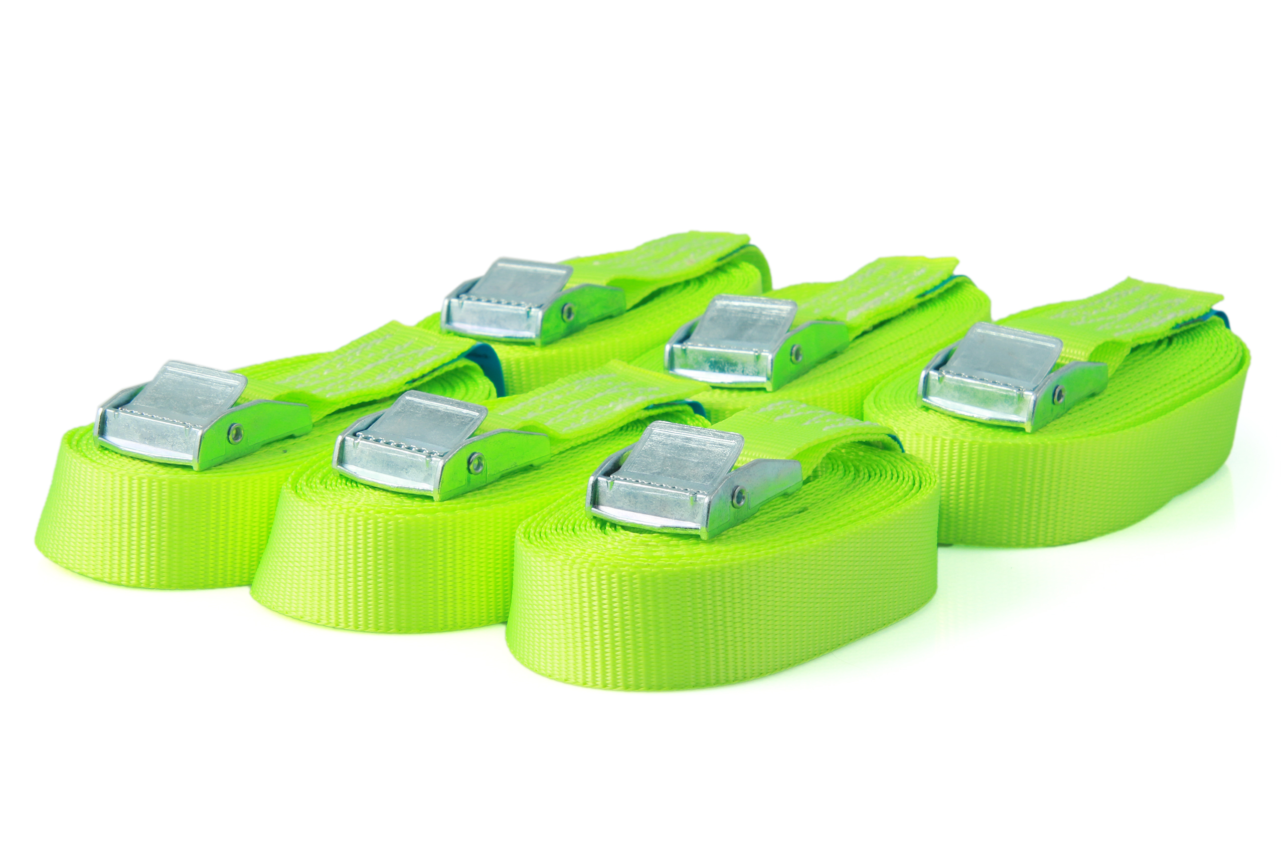 Set of 6 clamp lock lashing straps 4m, 25mm 250 daN, neon yellow