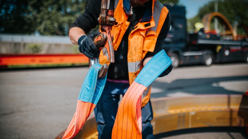 Heavy-duty lifting sling is attached to hooks