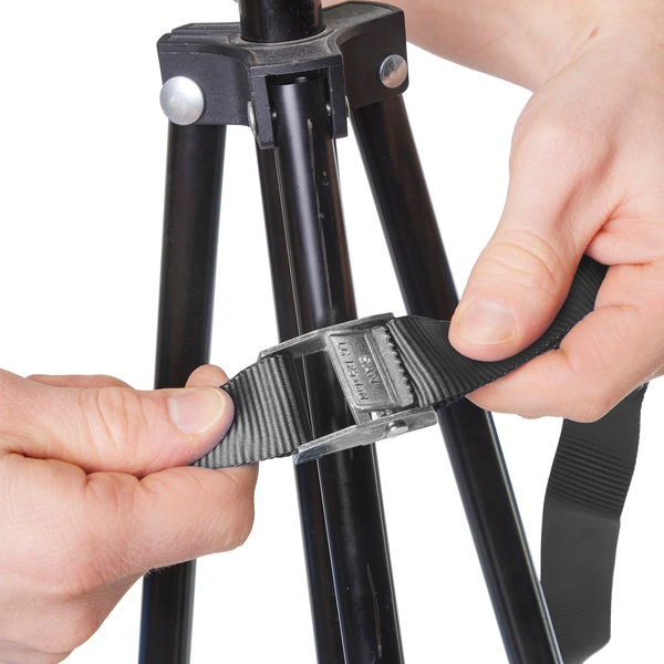 A Sandax clamp-lock strap is stretched around a post
